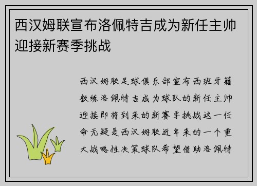 西汉姆联宣布洛佩特吉成为新任主帅迎接新赛季挑战 西汉姆联宣布洛佩特吉成为新任主帅迎接新赛季挑战